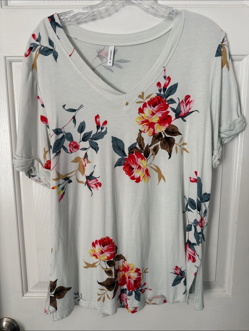 Floral V-Neck Women’s Top - Blue Gray with Red Floral Print